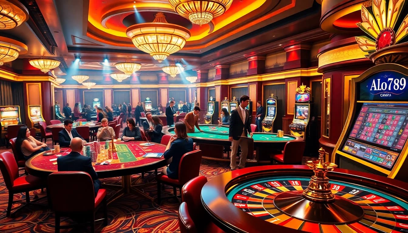 Experience the excitement of ALo789 with vibrant casino visuals featuring poker chips and roulette tables.