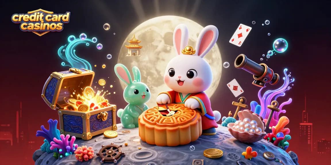 Experience the excitement of credit card casinos with vibrant 3D casino illustrations showcasing poker chips and colorful gems.