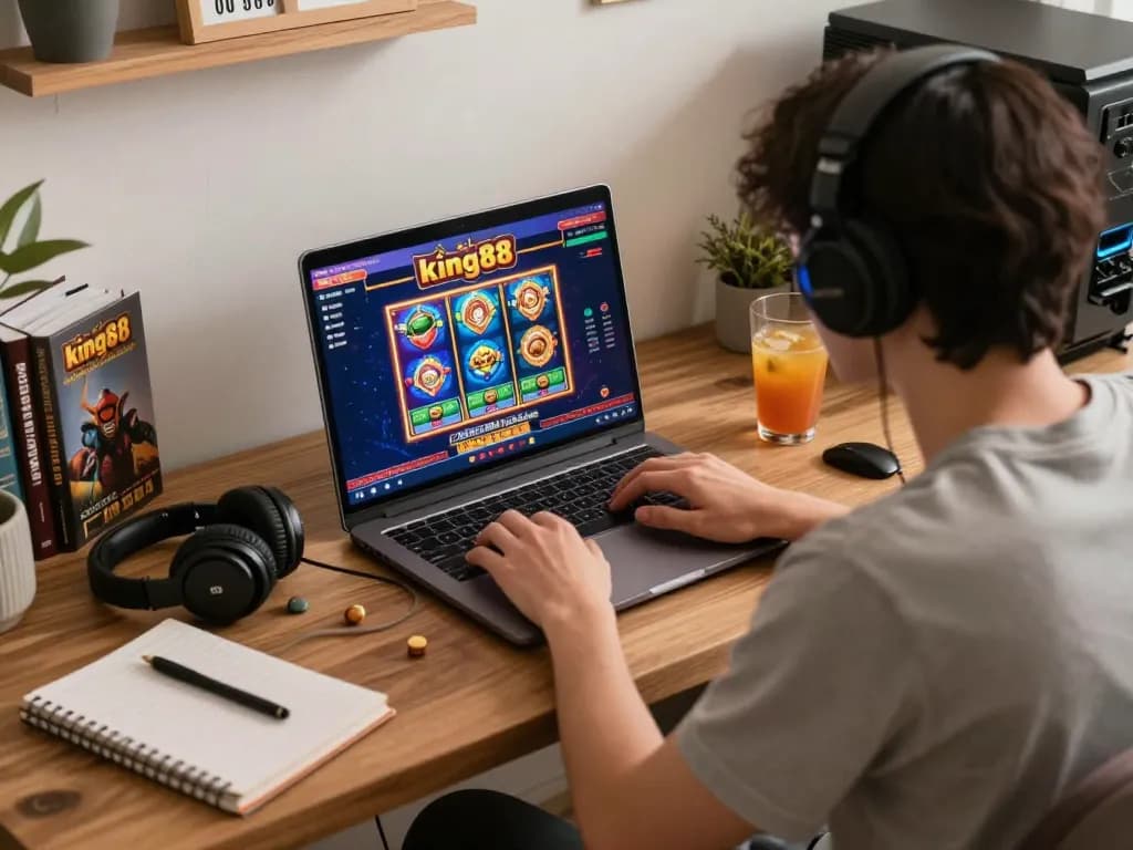 Gamer enjoying king88 online casino on laptop in a cozy, inviting home setup.