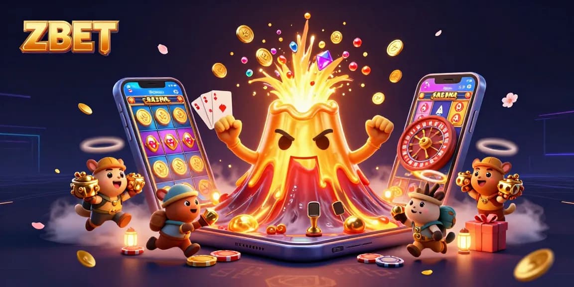ZBET erupts fortunes with a golden volcano and treasures in a vibrant casino scene.