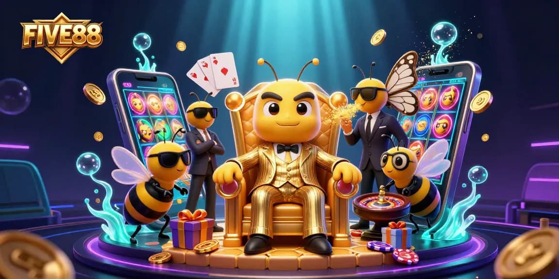 Watch the FIVE88 casino come alive with vibrant characters and exciting gambling elements in this dynamic scene.