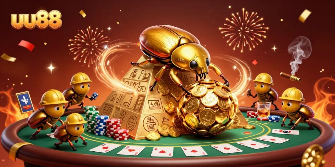 Experience the excitement of uu88 with a 3D cartoon scene of golden beetles in a casino theme.
