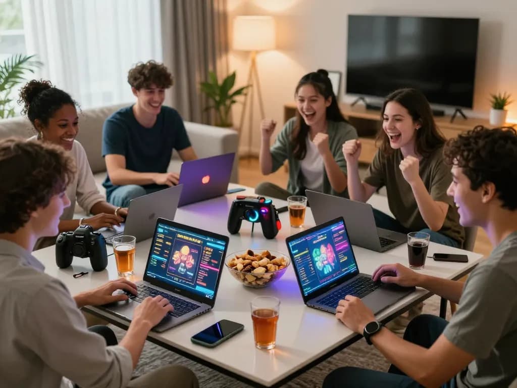 Friends playing BK8 online games together in a lively home setting with snacks and drinks.