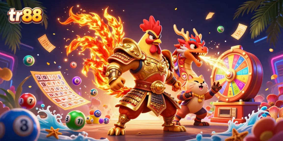 Spin and win with tr88 as a fighting rooster and dragon hatchling create a thrilling casino scene.