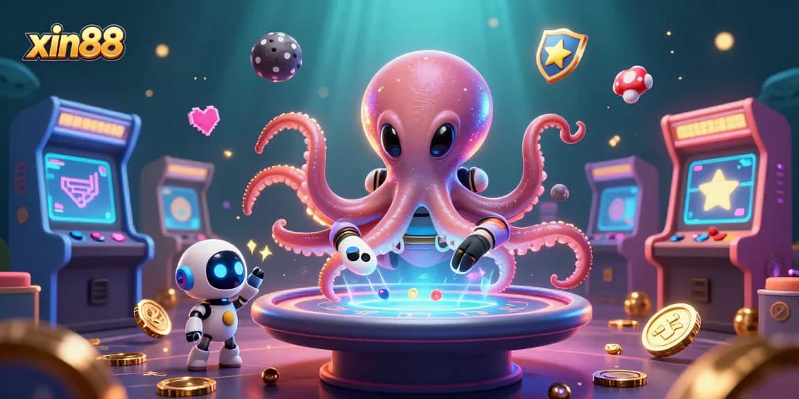 Experience thrilling gaming at xin88 with a whimsical 3D alien octopus and an interactive poker scene.