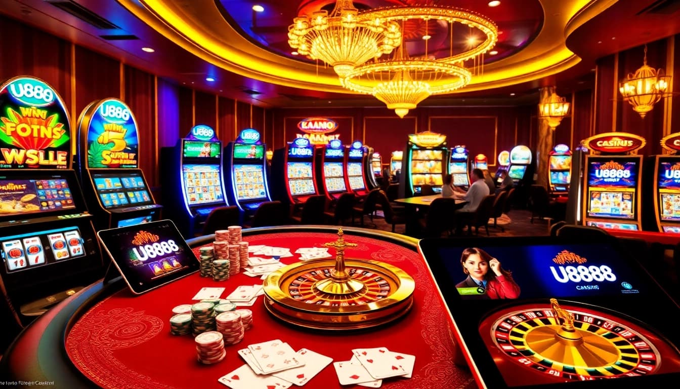 Experience the thrill of U888 online casino gameplay with vibrant poker tables and slot machines.
