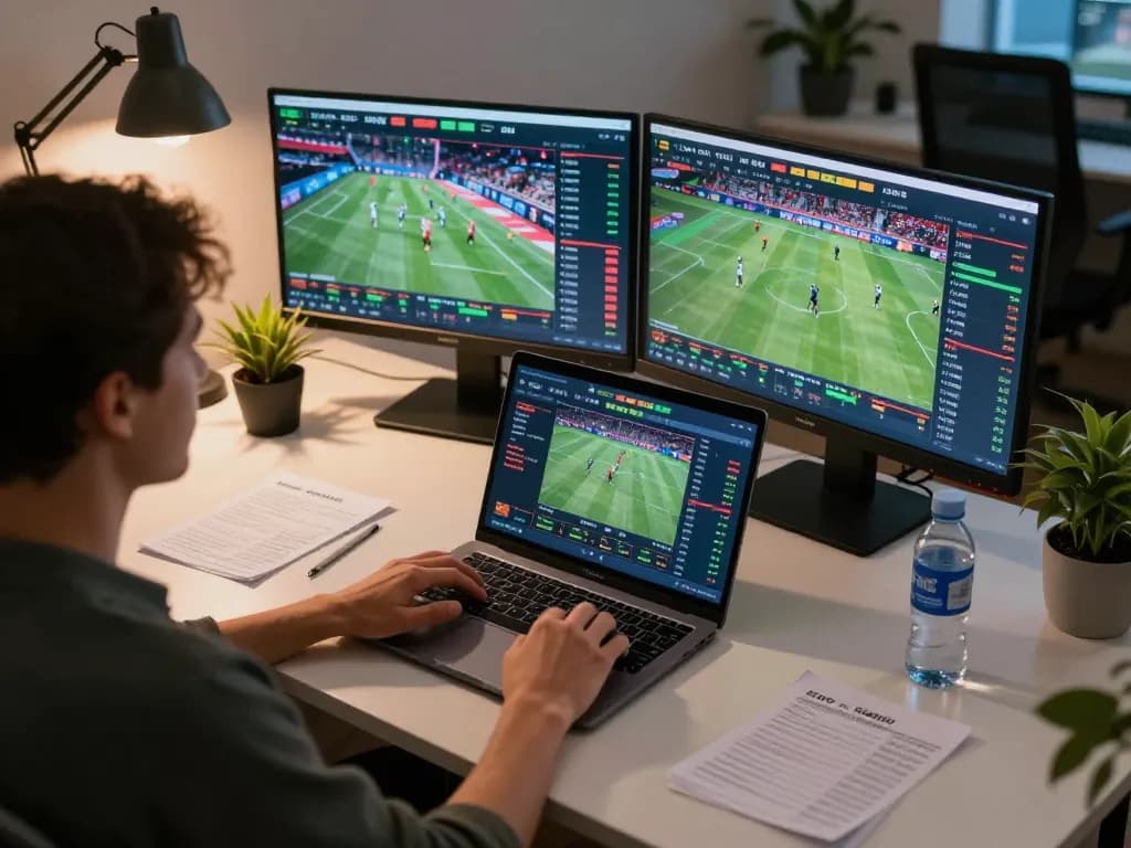Engaging with kèo nhà cái on a laptop for live sports betting from a home office setup