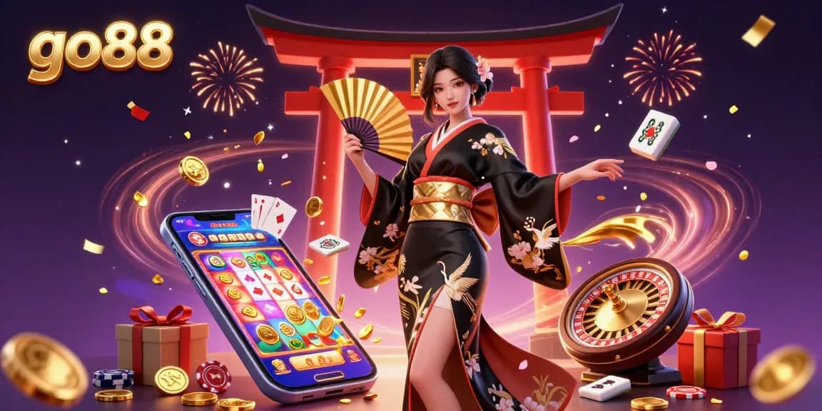 Win big at go88 with an elegant Asian woman celebrating amidst exciting casino elements and vibrant colors.