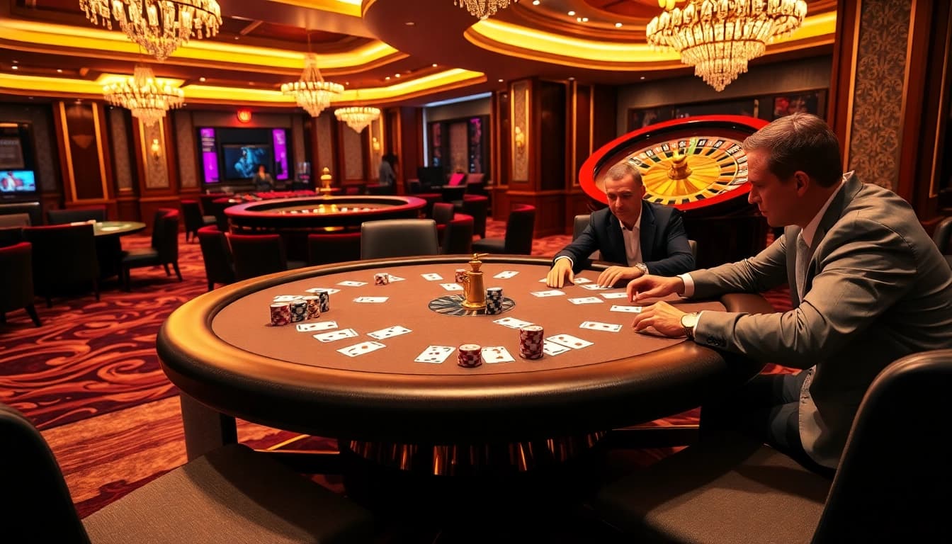 Experience the excitement of km1888b at a luxurious poker table in an elegant casino.