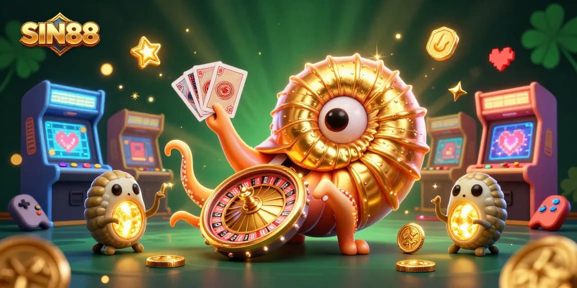 SIN88 offers vibrant gaming experiences with a charming nautilus and glowing companions in a casino scene.