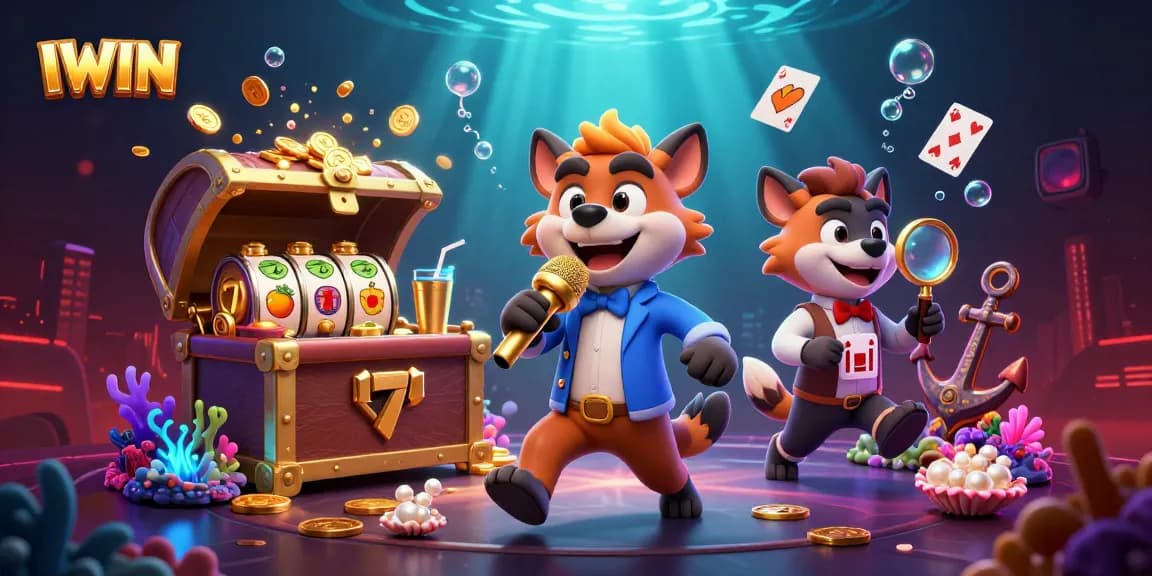 IWIN casino scene with hyenas in a comedy club, showcasing slot reels and vibrant elements.