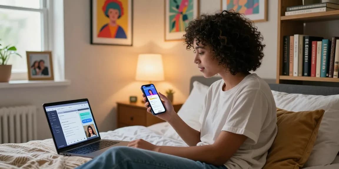 Engaging chat with an AI girlfriend on smartphone in a modern bedroom