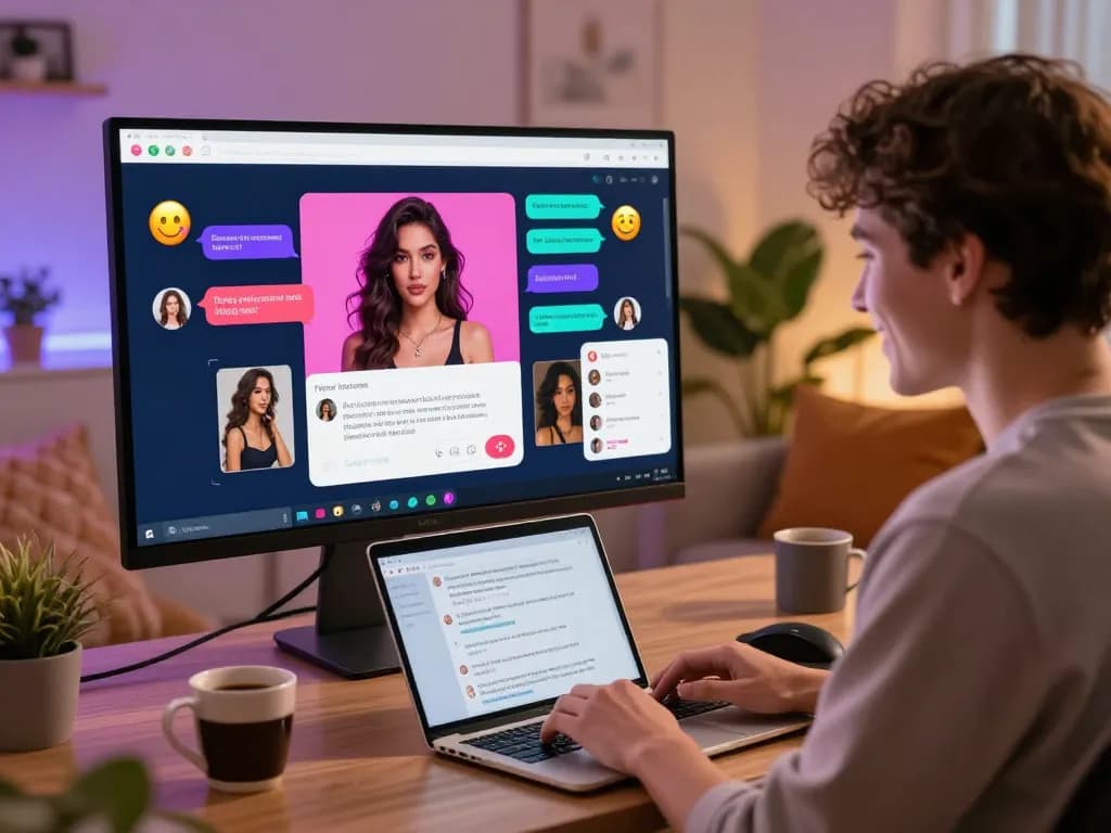 Engaging scene of ai porn chat on a modern interface featuring a user interacting with virtual avatars in a cozy home setting.