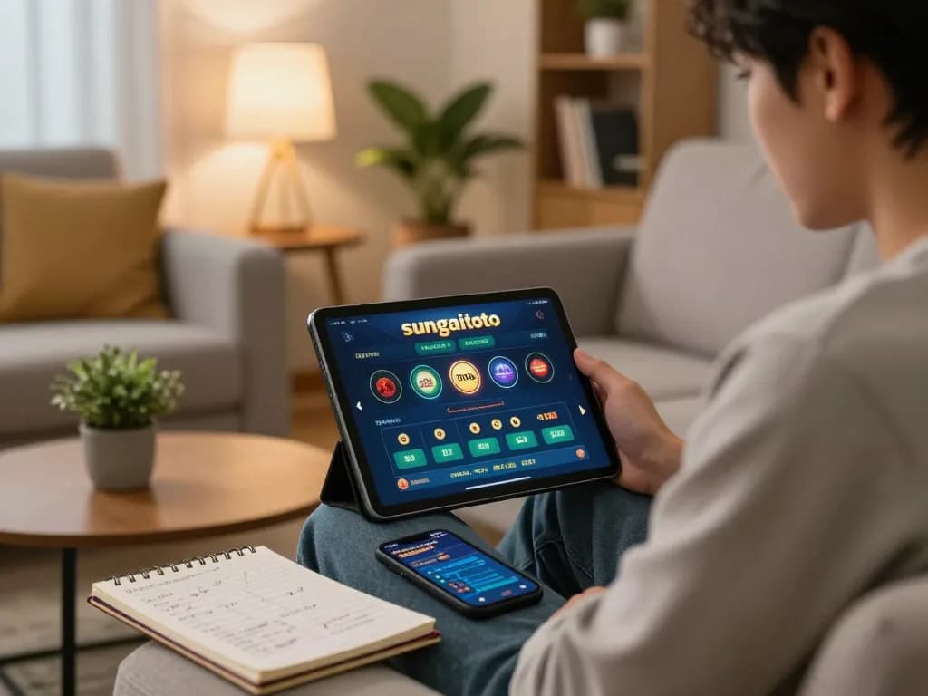 Engaging in sungaitoto online betting at home with a tablet, capturing the essence of responsible gaming.