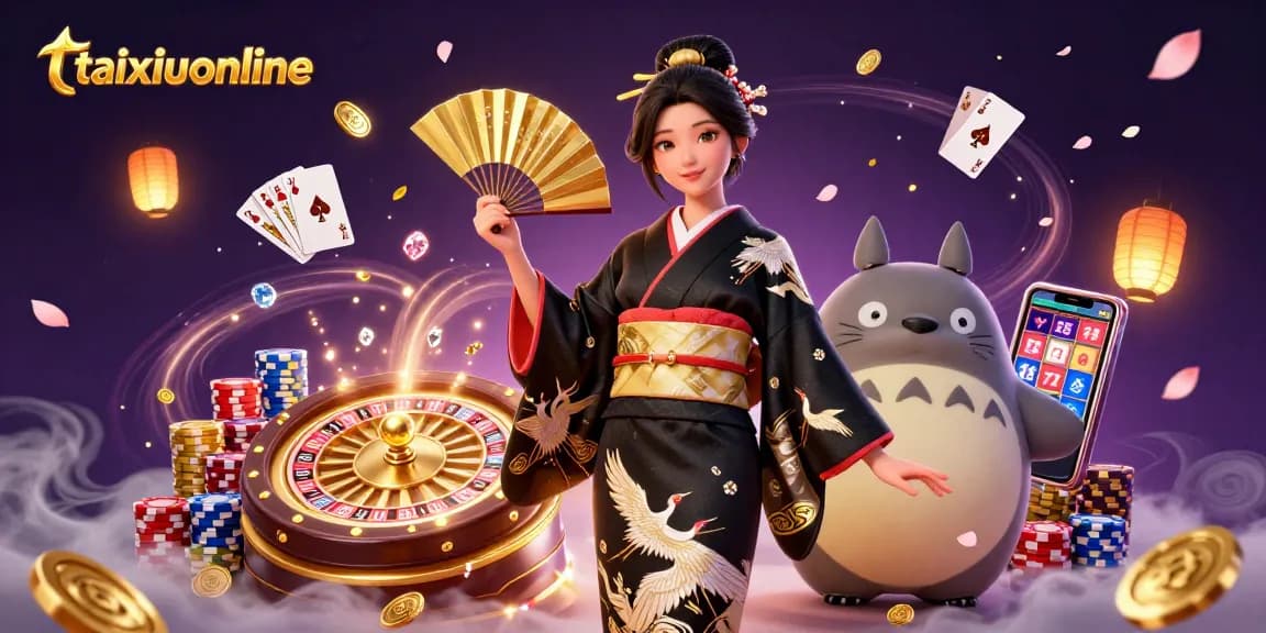 Experience thrilling gameplay at taixiuonline with an elegant Asian woman and a wise tanuki, surrounded by casino elements.