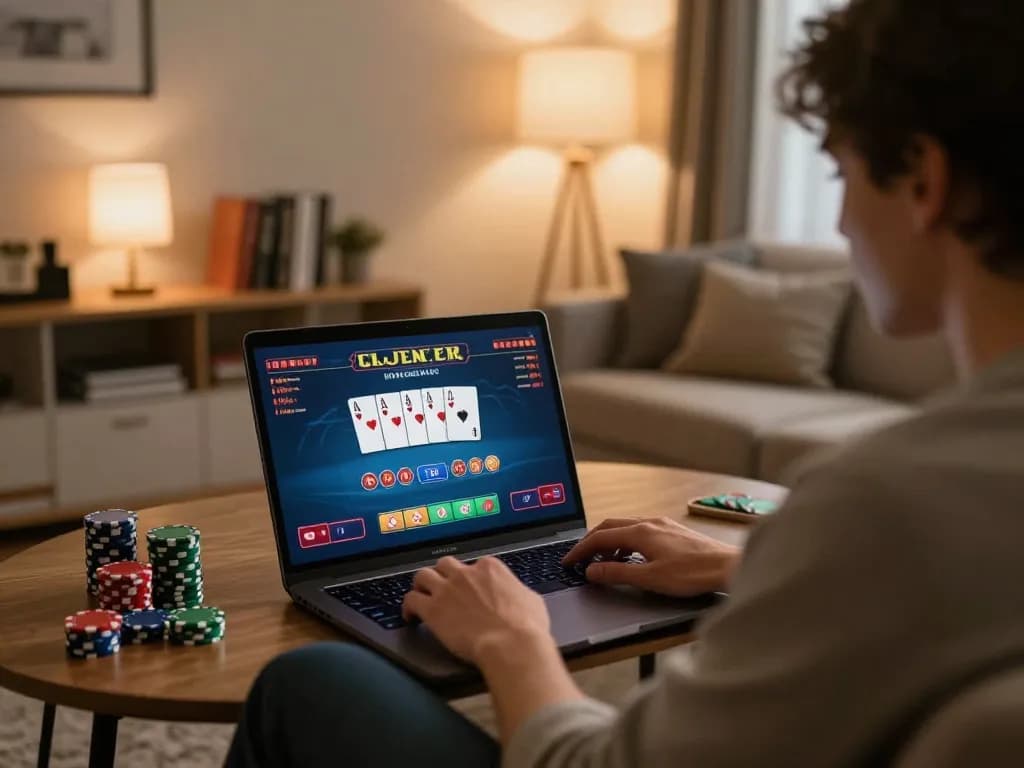Engaging moment at https://98winn.net/ showcasing online poker gameplay in a cozy home environment.