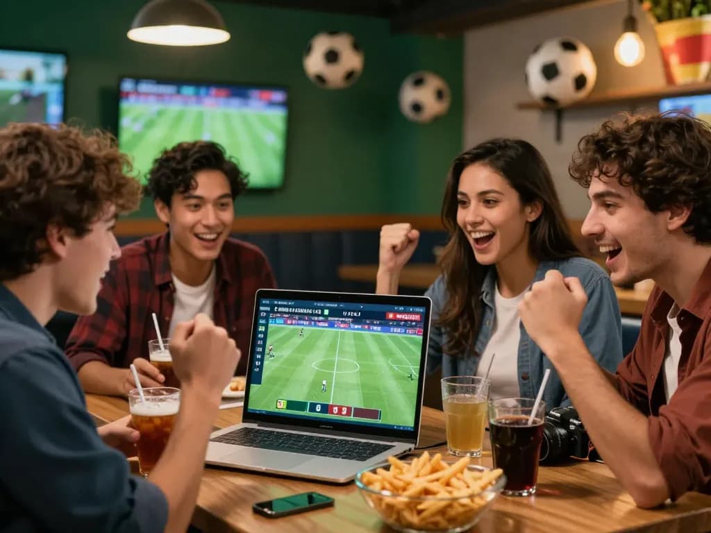 Friends enjoying a lively sports betting atmosphere with nowgoal for real-time football updates.