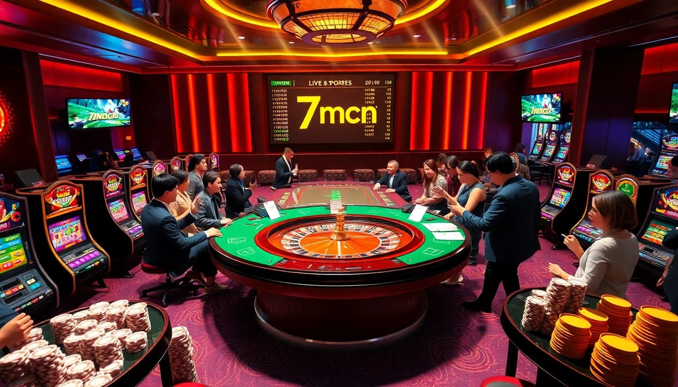 Experience thrilling gaming action at a casino featuring 7mcn, with players engaging at the roulette table.