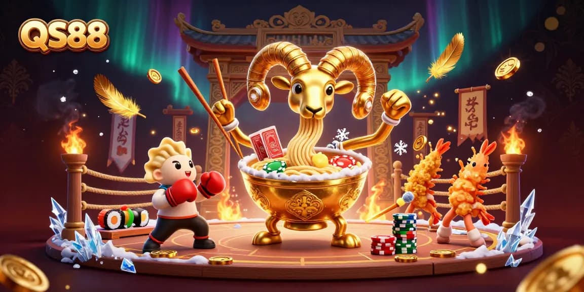 QS88-themed giant ramen bowl character dealing cards and chips in a vibrant casino atmosphere