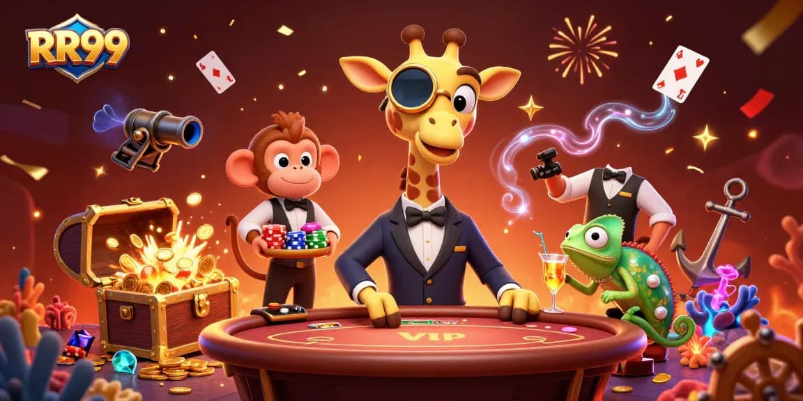 Experience the excitement of RR99 with high-roller giraffe, poker table, and vibrant casino atmosphere.