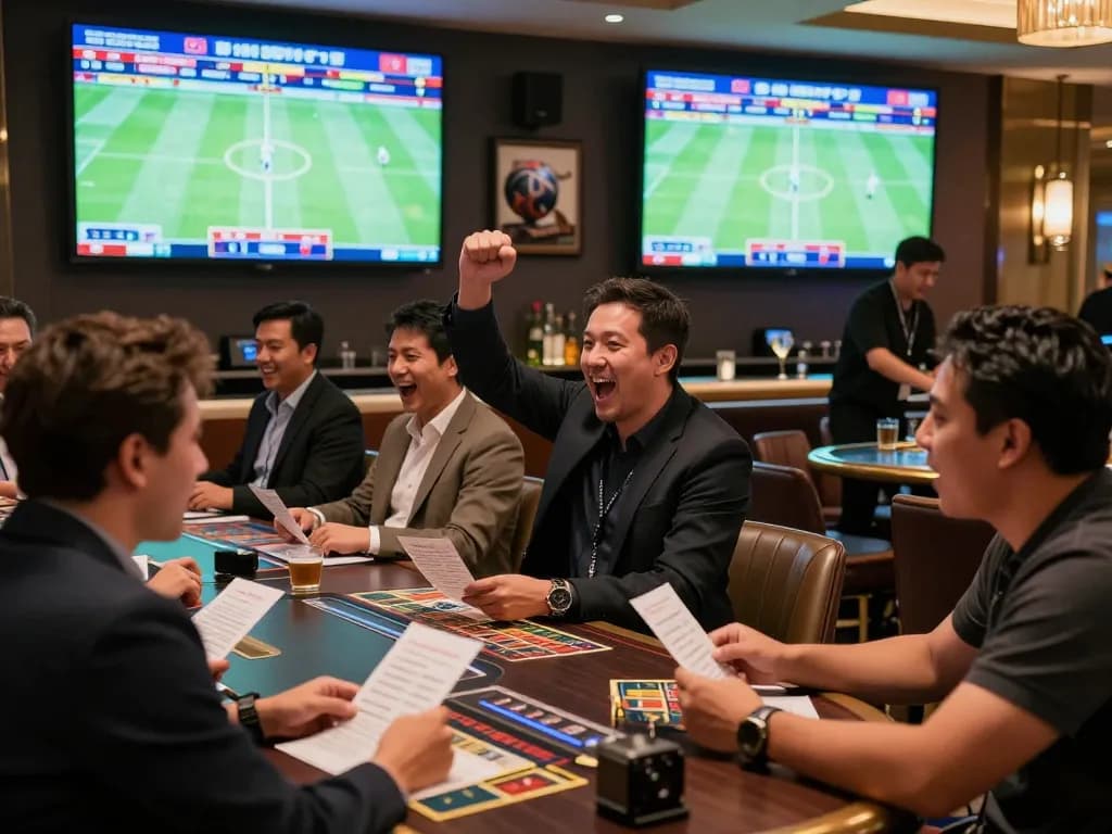 SC88 sports bettors celebrating during an exciting live event, vibrant casino atmosphere.