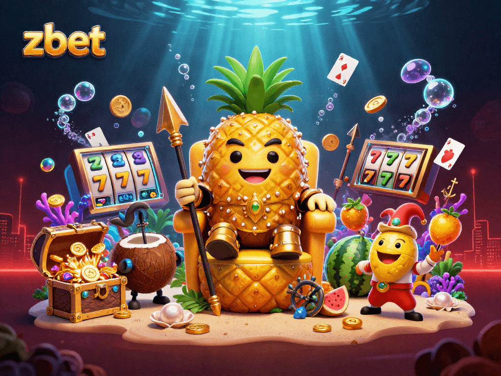 Experience zbet's thrilling gameplay featuring a golden pineapple king among casino symbols in a vibrant 3D scene