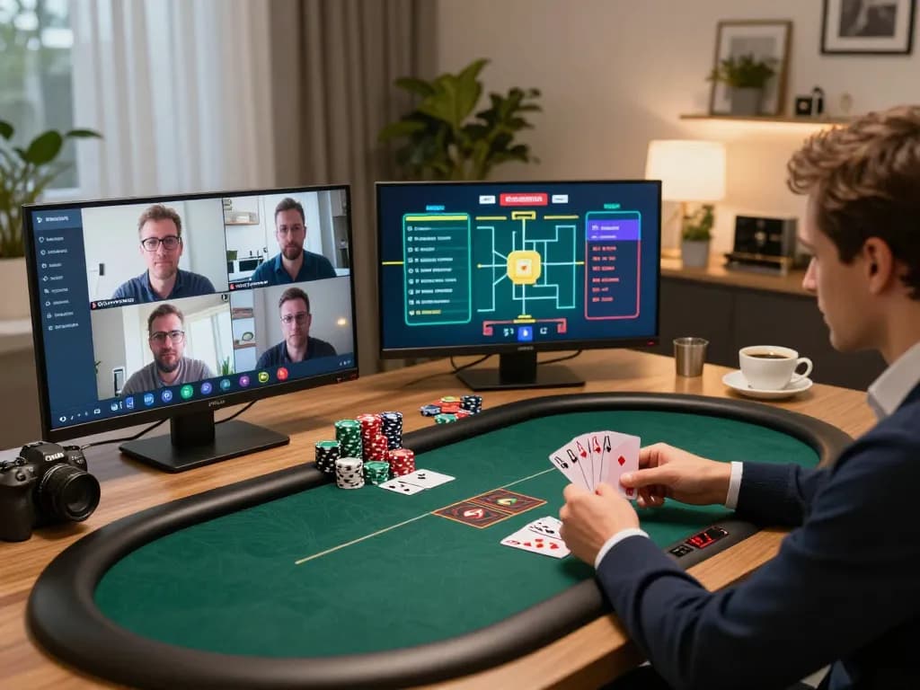 Experience fabet88z through intense online poker gameplay with players strategizing in a stylish home office.
