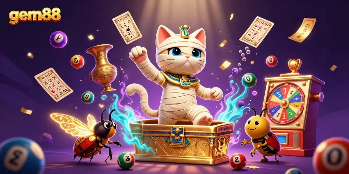 Experience vibrant gameplay with gem88 in an illustrated pyramid casino scene showcasing unique prizes.