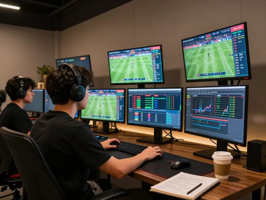 Focused gamer analyzing sports betting strategies on multiple screens at keonhacaii88