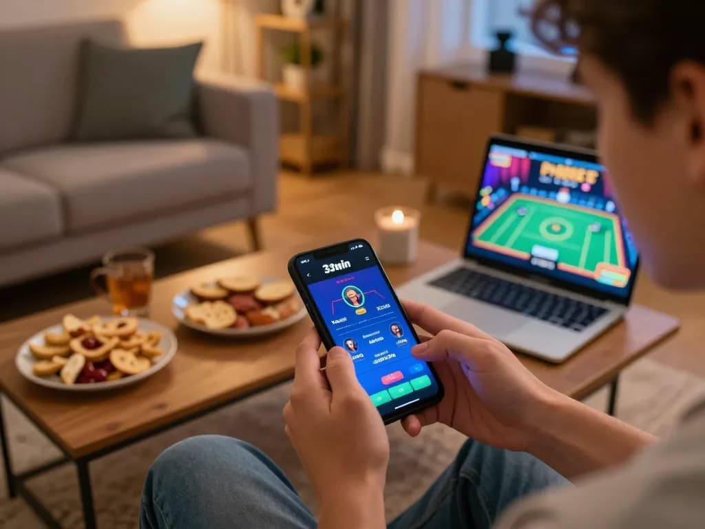 Engaging with the 33win mobile app during a cozy gaming session at home.