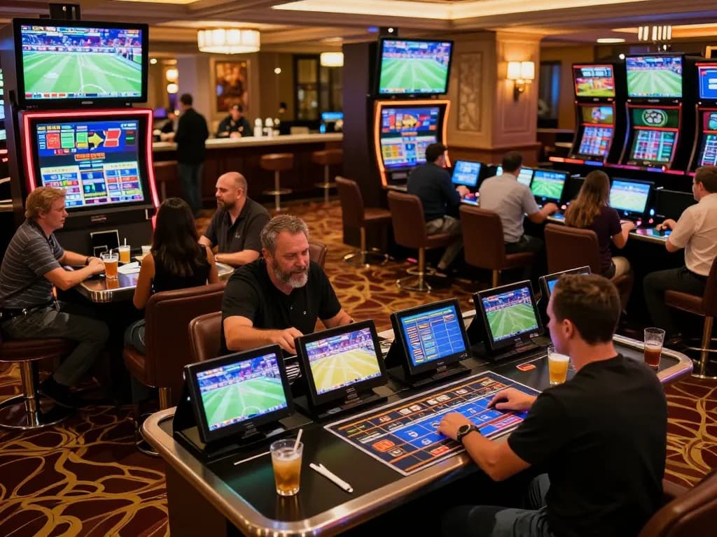 Excited patrons engaging with screens at the 789 Club sports betting lounge, dynamic atmosphere.