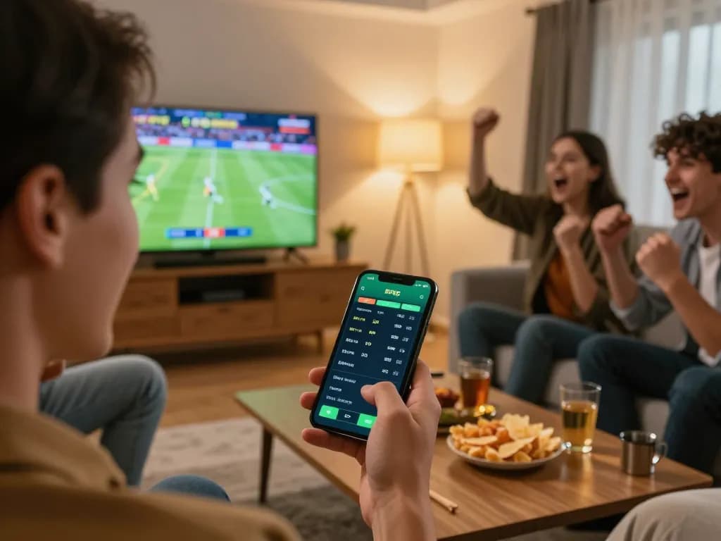 Engaged player using smartphone for 789win sports betting during an exciting game night.