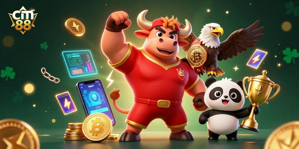 Experience excitement with cm 88 as the cheerful panda celebrates winning a jackpot alongside majestic characters.