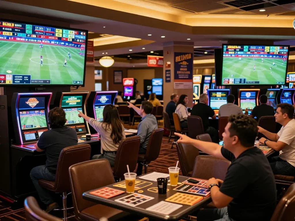Excited bettors analyzing live betting odds at keobongda while enjoying a vibrant casino atmosphere