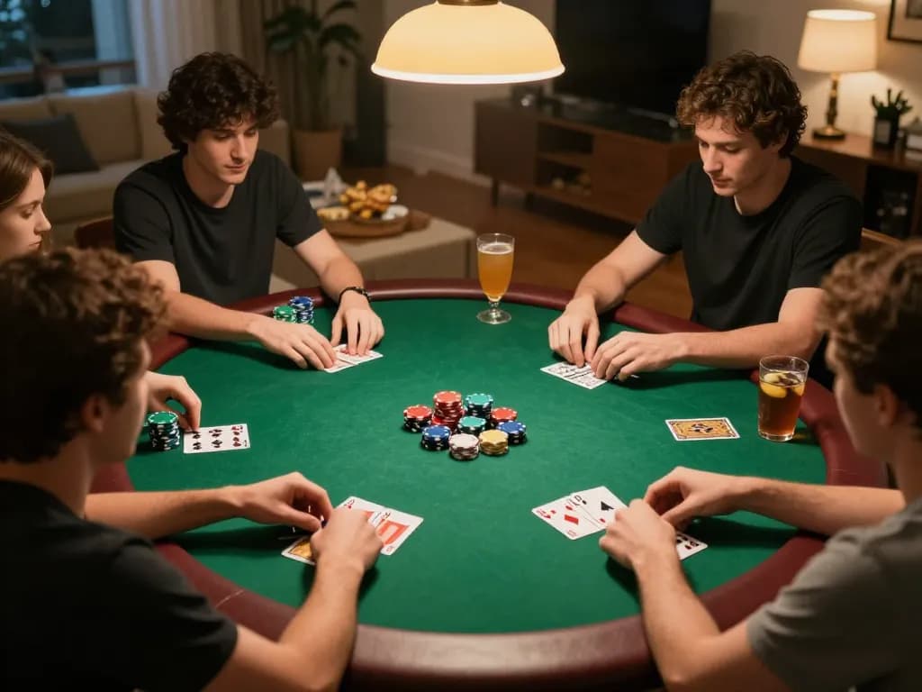 Players engaging in a friendly poker game at home, showcasing max88 strategies and chips laid out on the table.