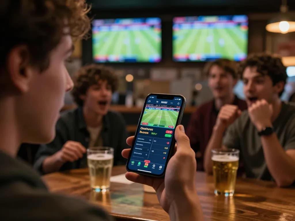 Engaging sports betting where a user analyzes odds on a smartphone, capturing the essence of nhận định kèo nhà cái in action.
