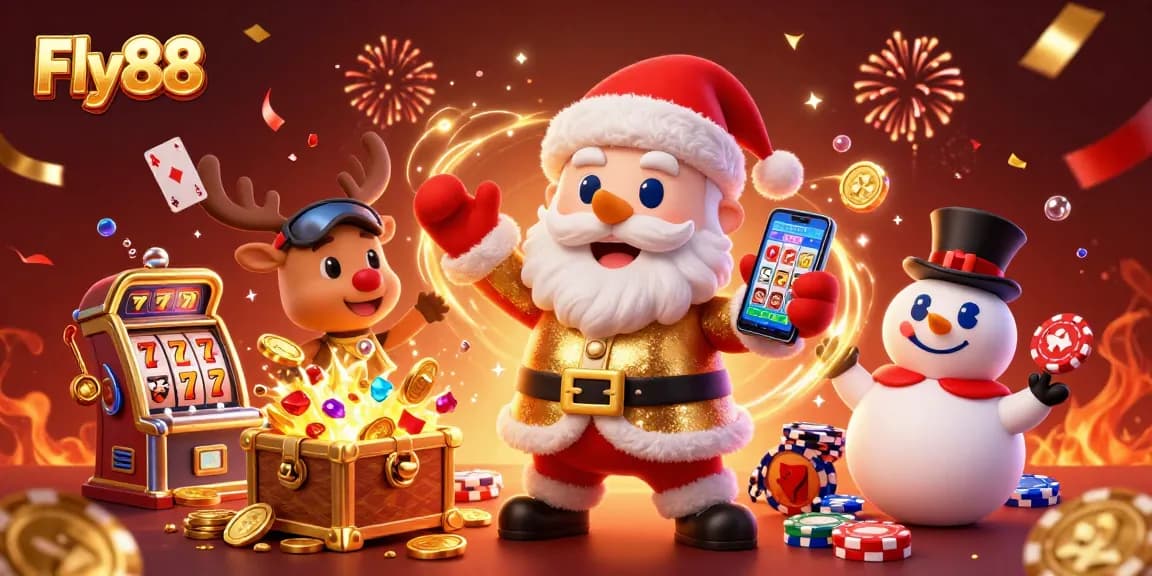 Engage in thrilling gameplay at Fly88 with a colorful 3D illustration showcasing a festive casino atmosphere.