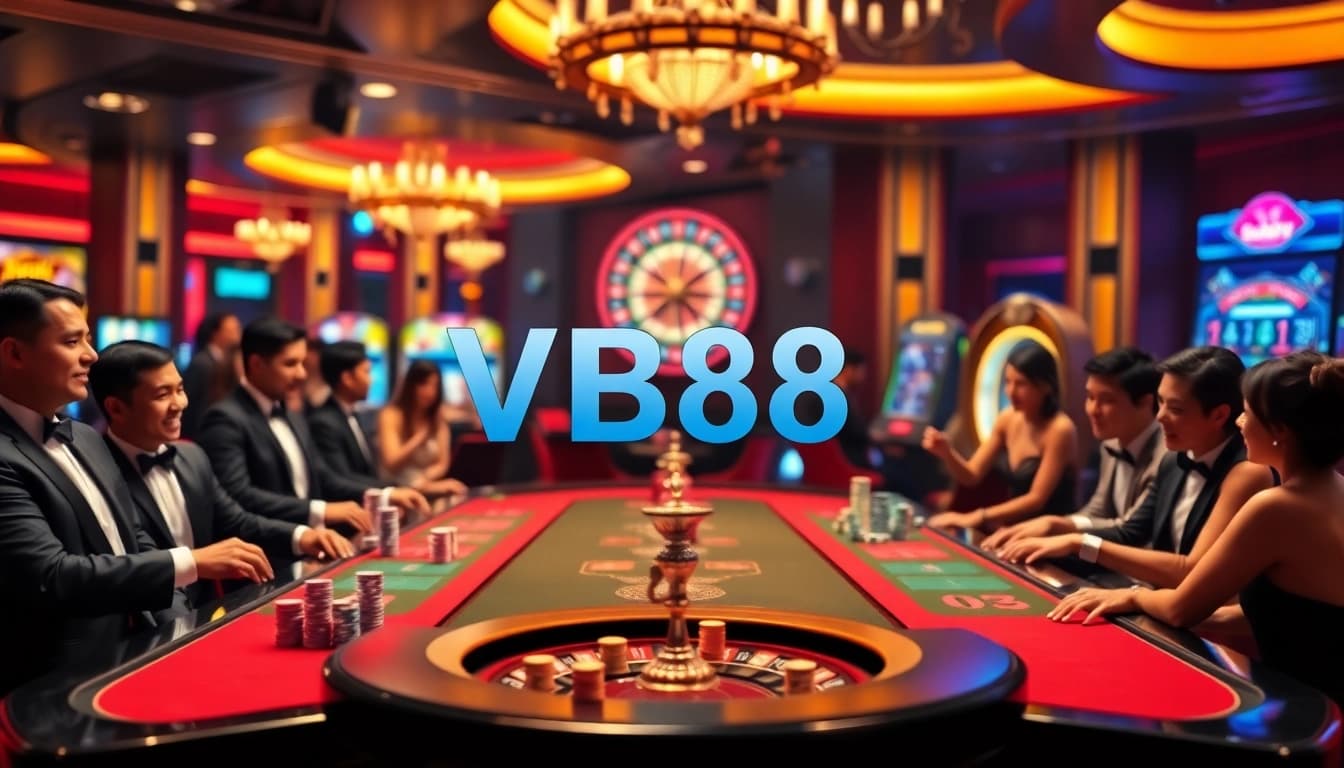 Engaged players at a luxurious casino celebrating winnings with VB88-themed elements.
