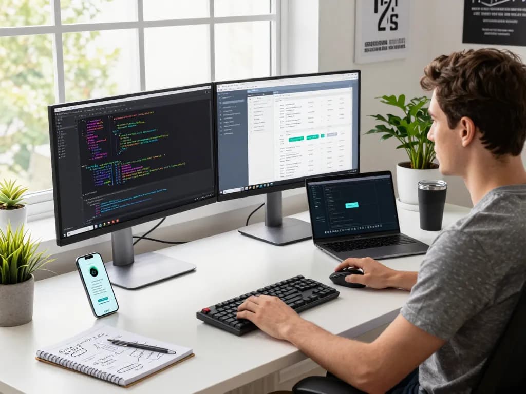Developer using clawbot in a modern tech workspace with dual monitors and coding environment.