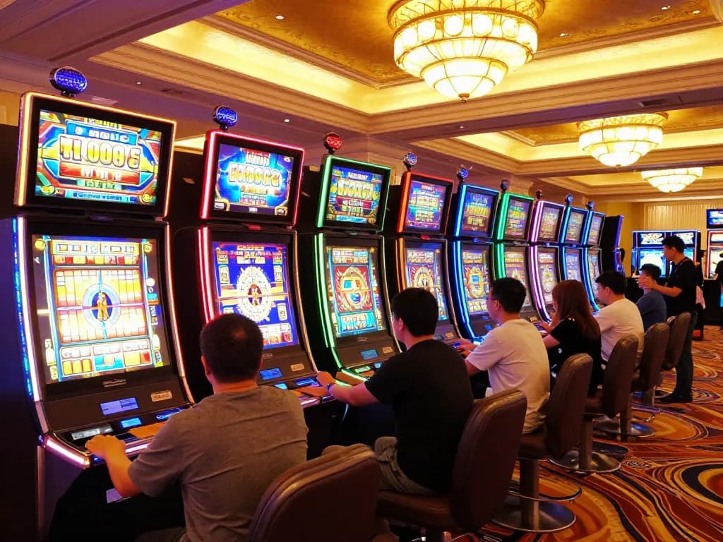 Players enjoying vibrant slot machines in a luxurious casino environment, celebrating wins and immersed in gameplay
