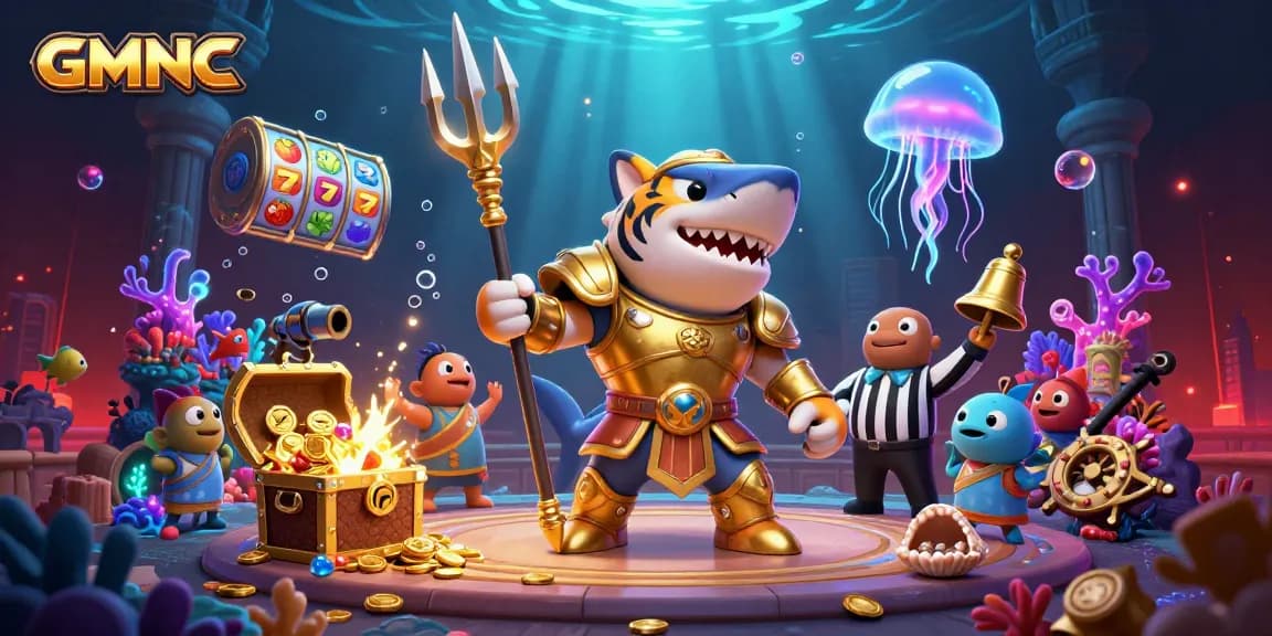 Engage in thrilling gameplay with GMNC's underwater casino themed adventure featuring a shark gladiator.