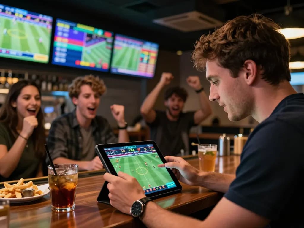 Tỷ Lệ Bóng Đá: Engaging sports betting scene with dynamic odds displayed on multiple screens