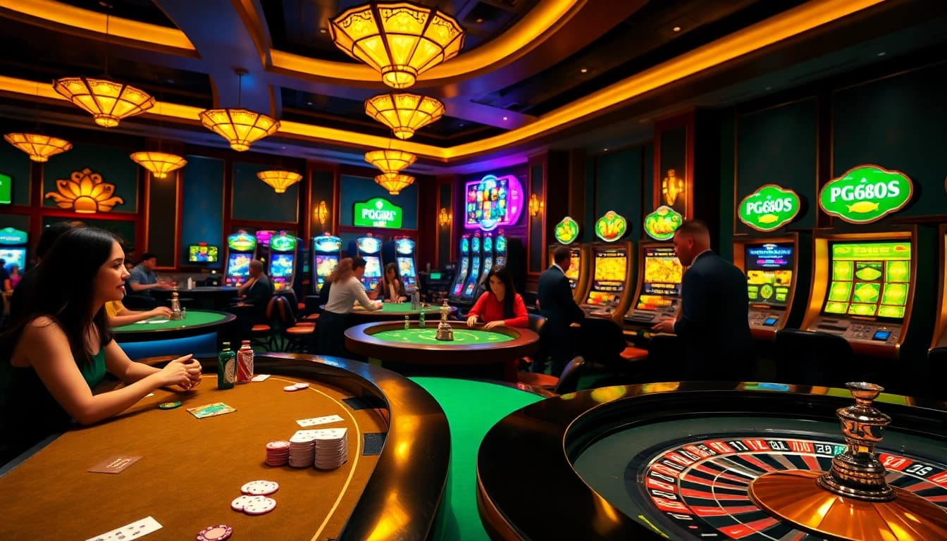 Exciting gameplay at PG 88 online casino with poker tables and vibrant slot machines.