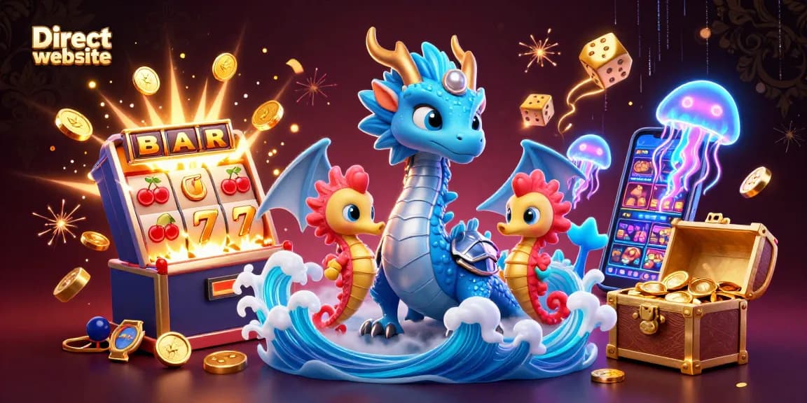 Engage in exhilarating gameplay at the Direct website with a vibrant casino illustration featuring a dragon, knight, and slot machine.