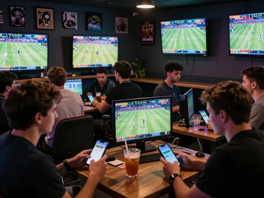 Betting excitement at 789WIN's sports lounge with friends analyzing game odds