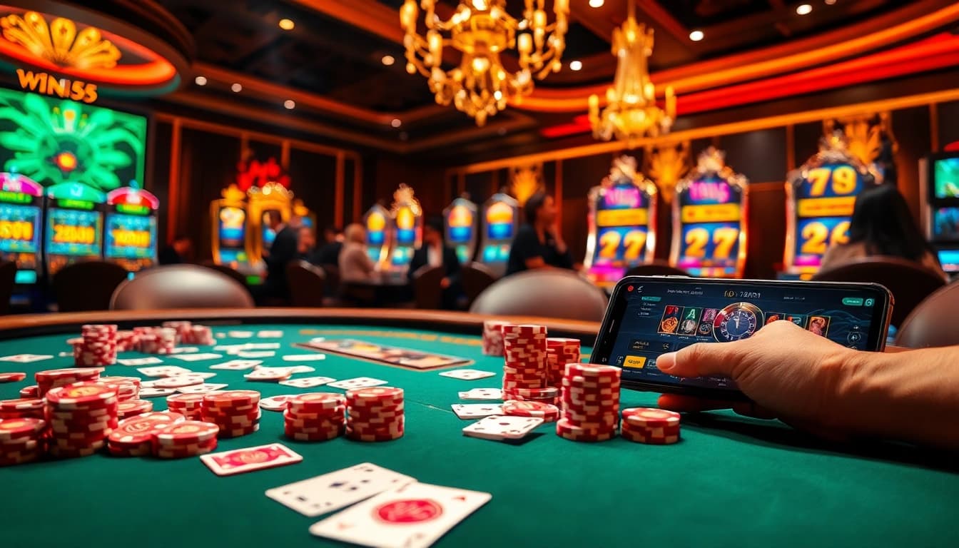 Engage in thrilling online gambling experiences at win55 with vibrant casino tables and slot machines.