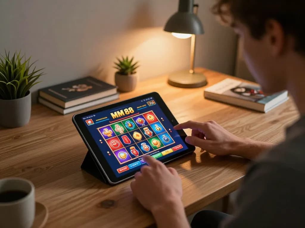 Engaged player interacts with MM 88 mobile casino, showcasing strategic gameplay and inviting atmosphere.