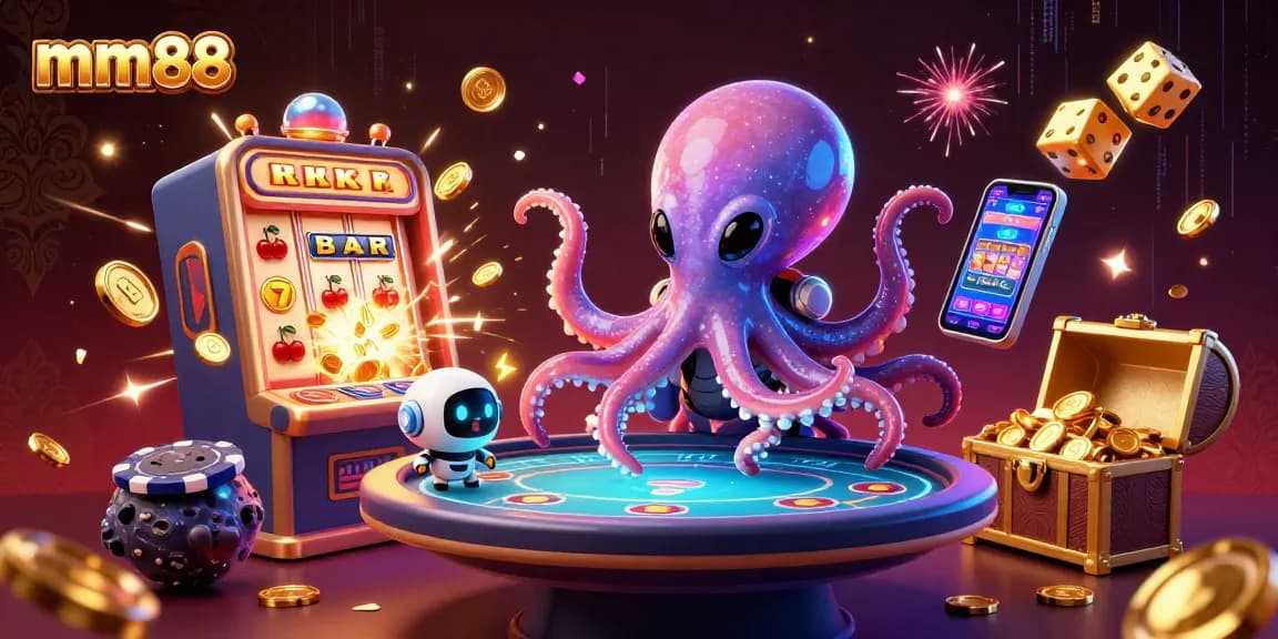 Engage in thrilling gameplay with mm88's vibrant 3D casino illustration featuring dynamic characters and elements.