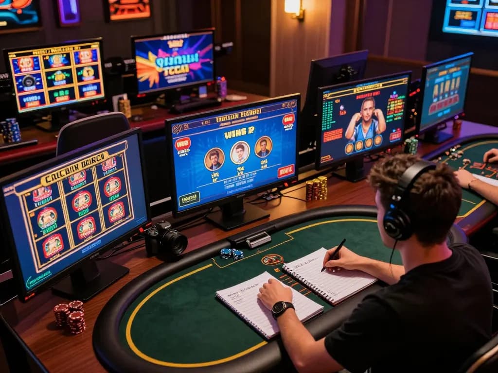 Player engaged in strategic gameplay on multiple screens at home showcasing tr88 online casino gaming.