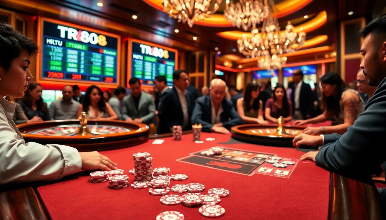 Engaged players at TR88 poker table, showcasing vibrant casino excitement and luxury.
